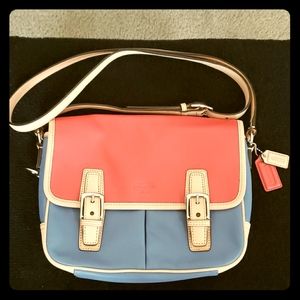 Coach handbag, coral red, blue, tan